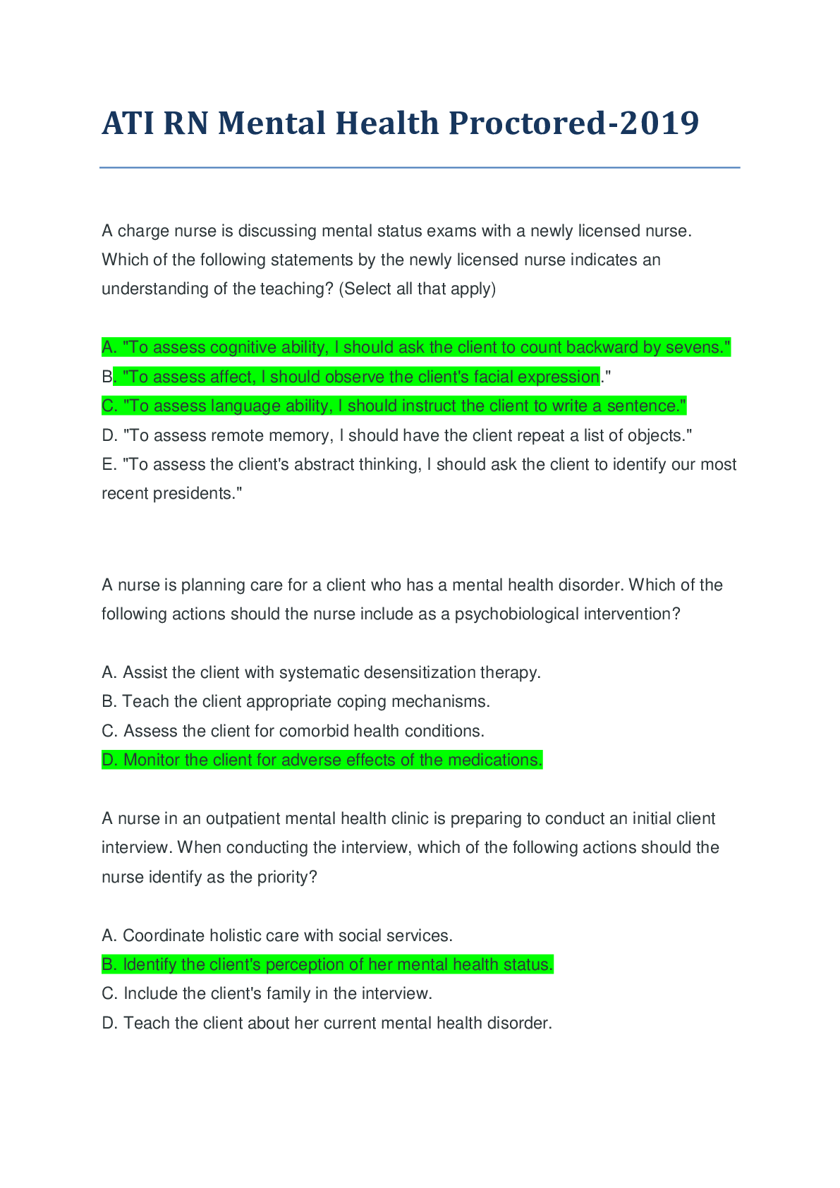 ATI RN Mental Health Proctored- . Best for just before exam quick read. Question and Answers.